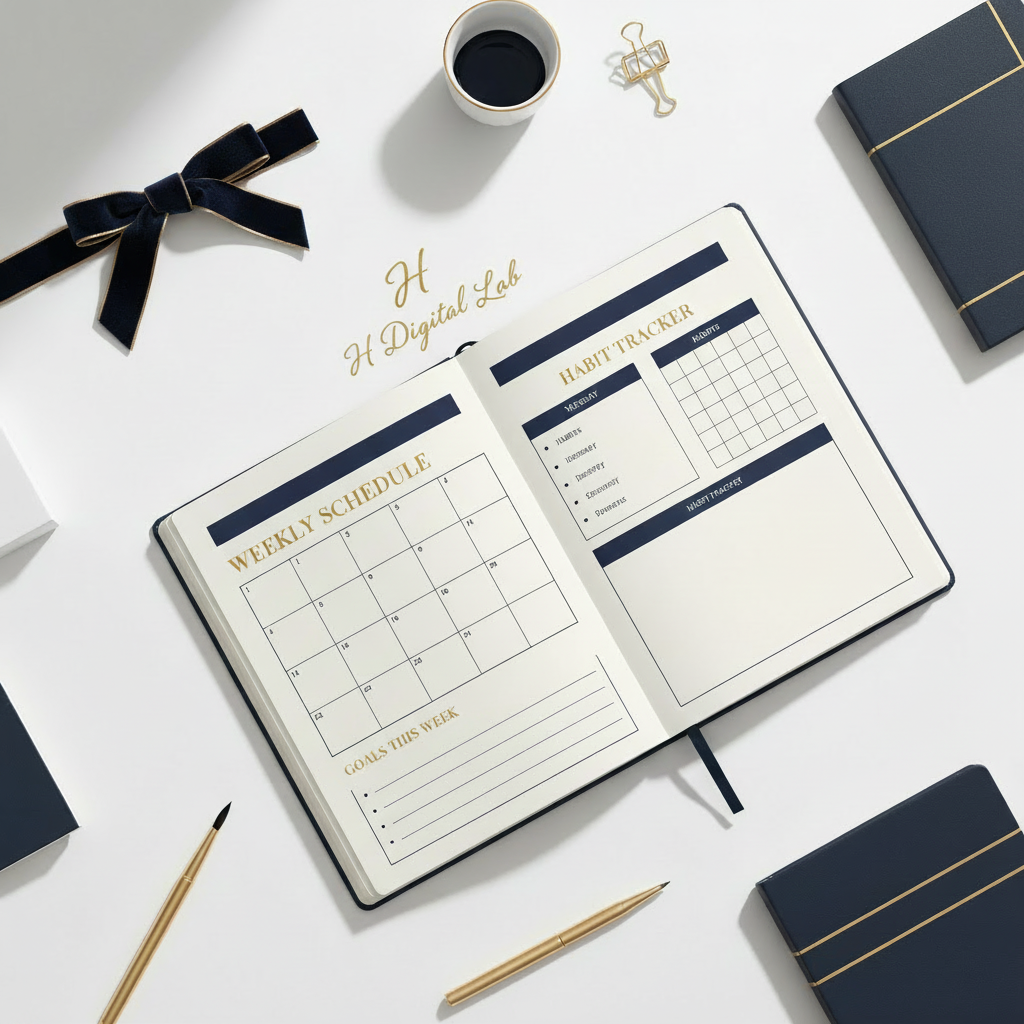 Planner Hebdomadaire PDF - Flat lay bureau navy et or