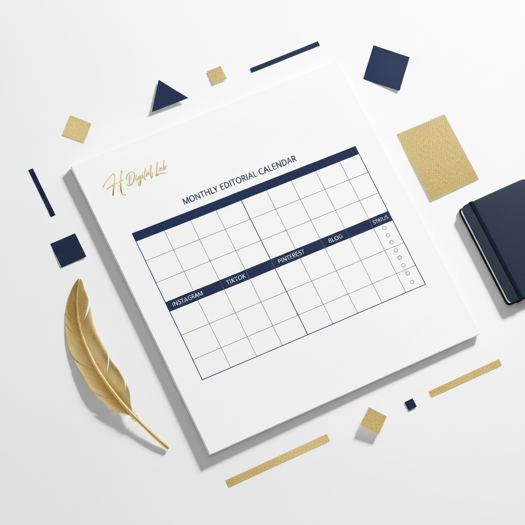 Calendrier Éditorial PDF - Flat lay grille réseaux sociaux navy et or